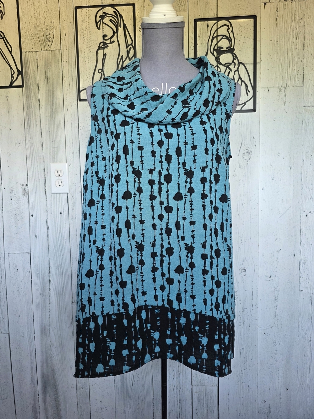 Habitat Cowl Neck Tunic Top Aqua Black Abstract Print Size Small